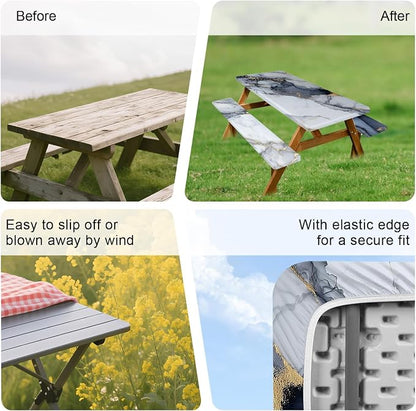 FOREVER QUEEN Picnic Table Cover with Bench Covers 72in,Waterproof Windproof Fitted Tablecloth,White Marble with Gold Veins Camping Essentials with Drawstring Bag for Patio,Park & Backyard