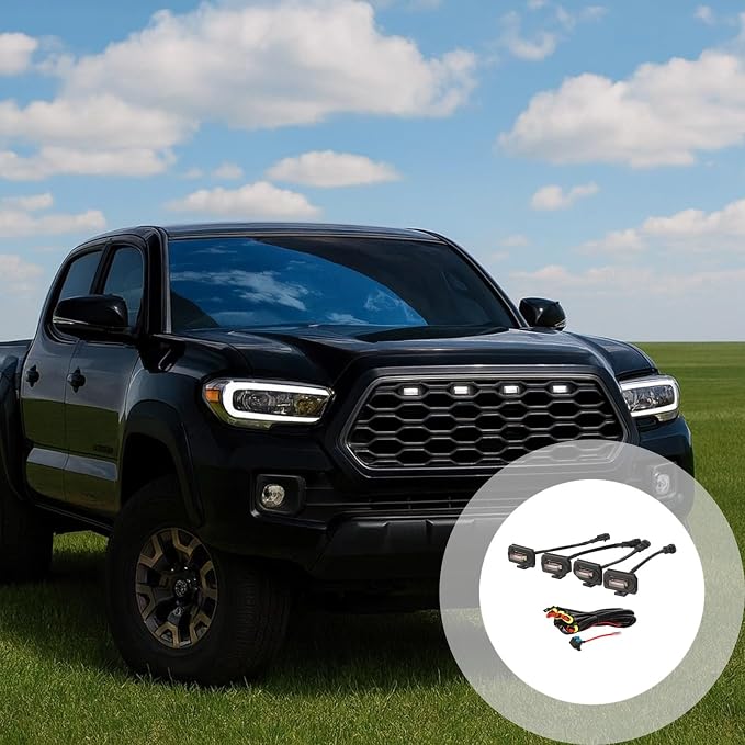 Grill Lights with Led White Illumination, TRD Style, Compatible with 2020+, Set of 4 Lights, Includes Fuse and Wiring Harness