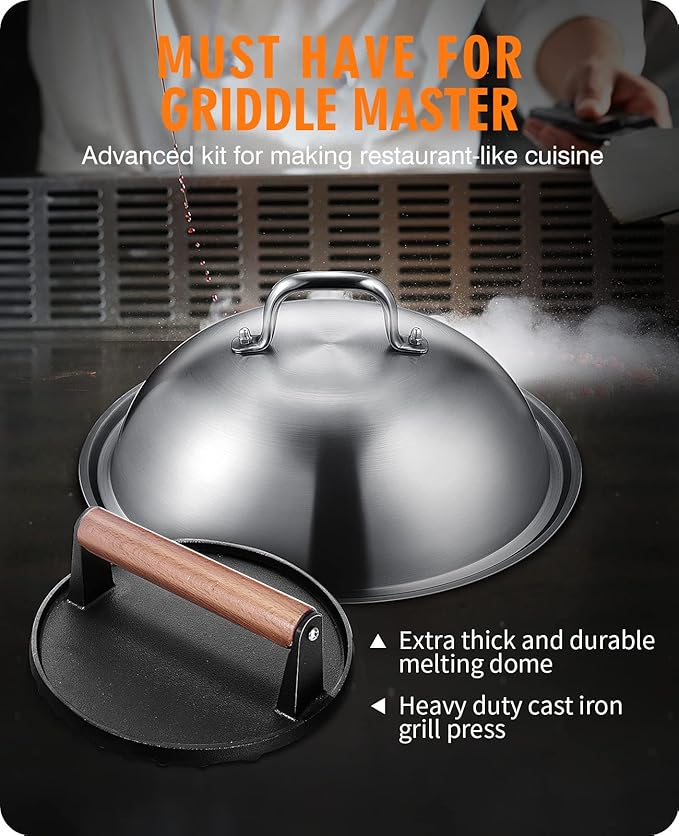 Griddle Accessories Kit with 12.5 Inch Dome and Smash Burger Press | Includes a 12.5 inch stainless steel dome and 7 inch cast iron press for melting cheese, searing burgers and cooking evenly.
