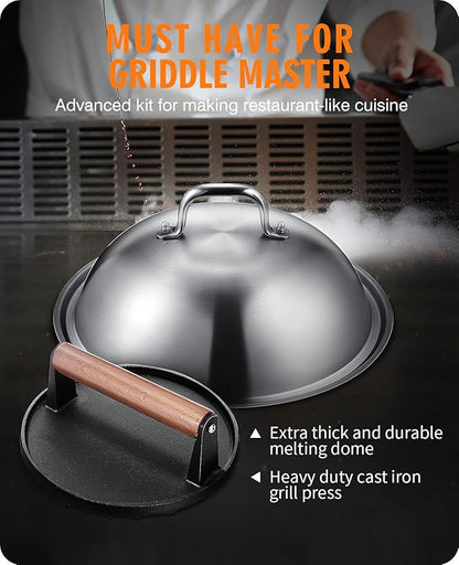 Griddle Accessories Kit with 12.5 Inch Dome and Smash Burger Press | Includes a 12.5 inch stainless steel dome and 7 inch cast iron press for melting cheese, searing burgers and cooking evenly.