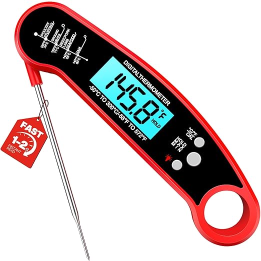 Meat Thermometer Digital – Instant Read Food Thermometer for Grilling, BBQ, Air Fryer, Smoker, Candy Making with Foldable Probe, Kitchen Gadgets, BBQ Essentials, Gift for Mom, Dad, Men, Women, Red