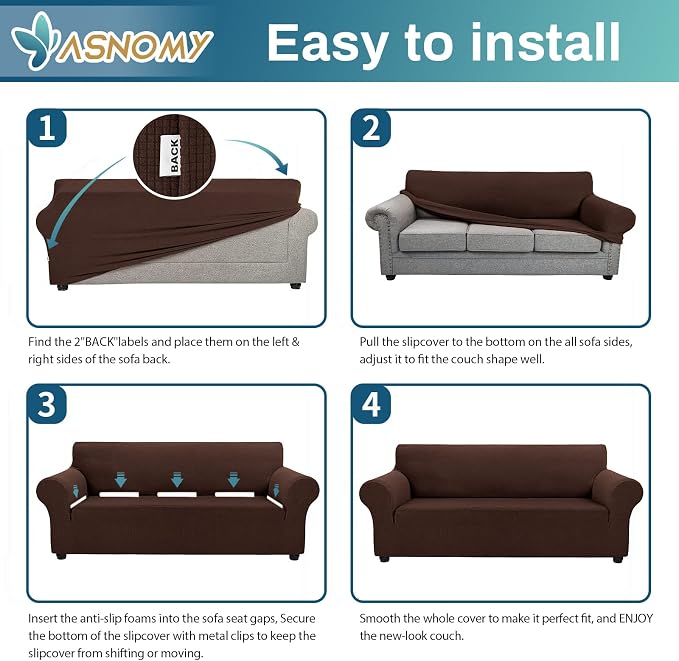 Asnomy Stretch Couch Covers Washable, loveseat Cover Slipcovers,Chocolate | 1-Piece Sofa Cover(55"-78") loveseat cover Furniture Protector Soft Jacquard,Non-Slip Elastic Bottom for Dogs & Kids