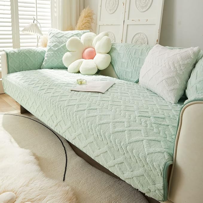 vctops Geometric Jacquard Plush Sofa Couch Covers Farmhouse Neutral Non Slip Sectional Couch Cover Soft Warm Sofa Slipcover for Dogs, Children, Pets Furniture Protector (Green,43"x43")
