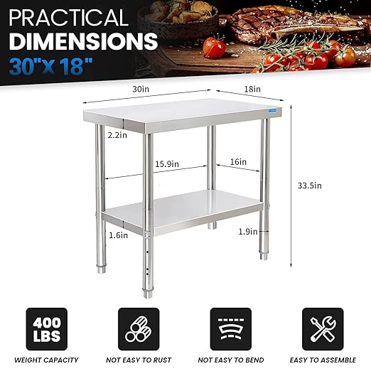 KUARBARR Stainless Steel Table 30 x 18 Inch, Stainless Table for Prep & Work, Commercial NSF Metal Table for Restaurant Kitchen Garage