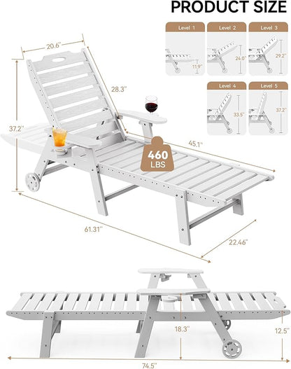 Carauci Lounge Chair Outdoor, HDPE Chaise Lounge with Wheels, 5-Position Adjustable Backrest & 2 Cup Holders Patio Lounge Chair, All-Weather Pool Sun Lounger for Poolside, Backyard, White