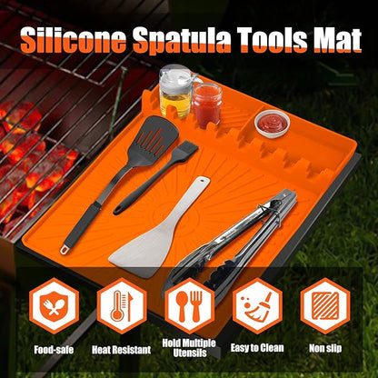 Silicone Grill Mat for Blackstone, Griddle Tool Organizer with Drip Pad, Heat Resistant Non Slip Spatula Holder for Grill Side Shelf, Flat Top BBQ Accessories for Camping Tailgating, Orange