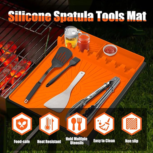 Silicone Grill Mat for Blackstone, Griddle Tool Organizer with Drip Pad, Heat Resistant Non Slip Spatula Holder for Grill Side Shelf, Flat Top BBQ Accessories for Camping Tailgating, Orange