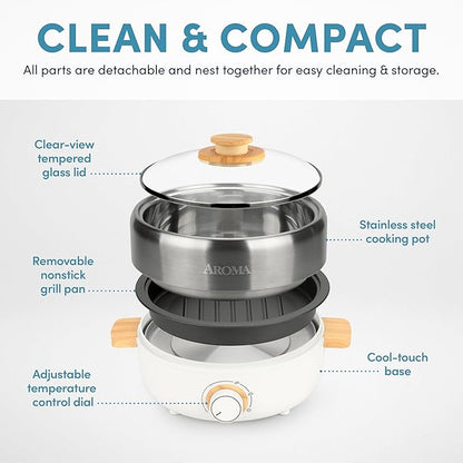 Aroma Housewares AMC-130 Whatever Pot, Indoor Grill, Cooking, Hot Pot with Glass Lid, Bamboo Handles, 2.5L, Stainless Steel/White