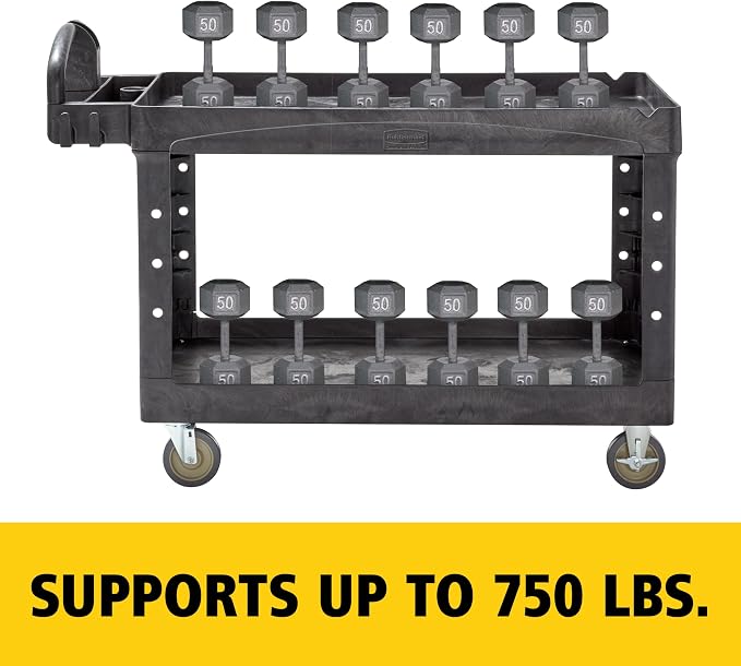 Rubbermaid Commercial Products BRUTE Heavy Duty 2-Shelf Utility/Service Cart, Medium, Lipped Shelves, Ergonomic Handle, 750 lb Capacity, Black, for Warehouse/Garage/Cleaning/Office