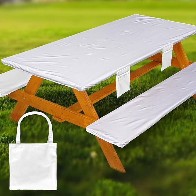 Wrakus Picnic Table Cover with Bench Covers Vinyl Elastic Edges Fitted Rectangle Seat Tables Waterproof 3-Piece72X30in Set Outdoor Rectangular Folding Backing Tablecloth for Camping Over Size