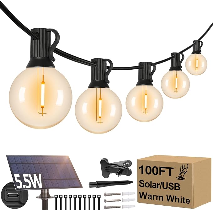 100FT G40 Solar String Lights, Globe Outdoor String Lights with 52 E12 Waterproof LED Bulbs, 2700K Shatterproof Patio Lights, Solar Powered Hanging Lights for Porch Garden Backyard Pergola Bistro Deck