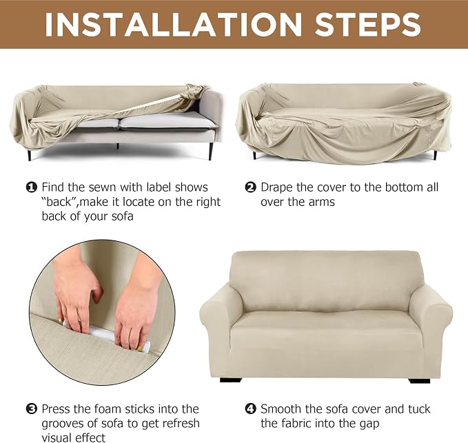 Peryiter 2 Pcs Couch and Loveseat Sofa Covers,Beige,Milk Silk | Armchair Covers for Living Room, Sofa Cushion Slipcover 2/3 Seater, Furniture Protector, Polyester and Spandex, Washable