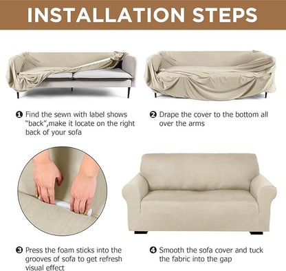 Peryiter 2 Pcs Couch and Loveseat Sofa Covers,Beige,Milk Silk | Armchair Covers for Living Room, Sofa Cushion Slipcover 2/3 Seater, Furniture Protector, Polyester and Spandex, Washable