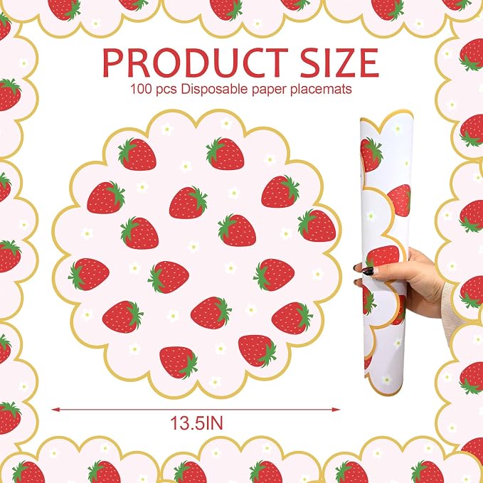 100Pcs Strawberry Paper Placemats Pink Fruit Place Mats 13.5 Inch Disposable Round Decorative Dining Table Mats with Scalloped Edge for Spring Summer Picnic BBQ Birthday Bridal Wedding Party Supplies
