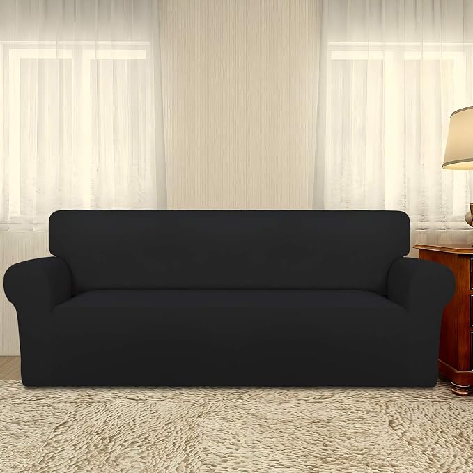 PureFit Stretch Couch Covers for Sofa Large Sofa Slipcovers Black | 1-Piece Sofa Cover Washable Soft Couch Protector, Couch Slipcover with Non Skid Foam and Elastic Bottom for Kids, Dogs