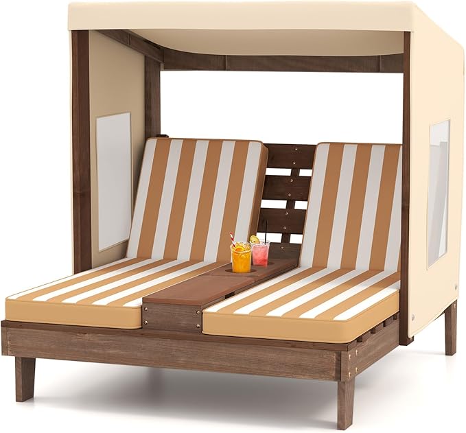 Kids Lounge Chair Outdoor, 2-Seat Toddler Patio Chair with Cushions, Cup Holders, Detachable Canopy, Wooden Double Chaise Lounge for Lawn, Pool, Garden, and Yard (Coffee)
