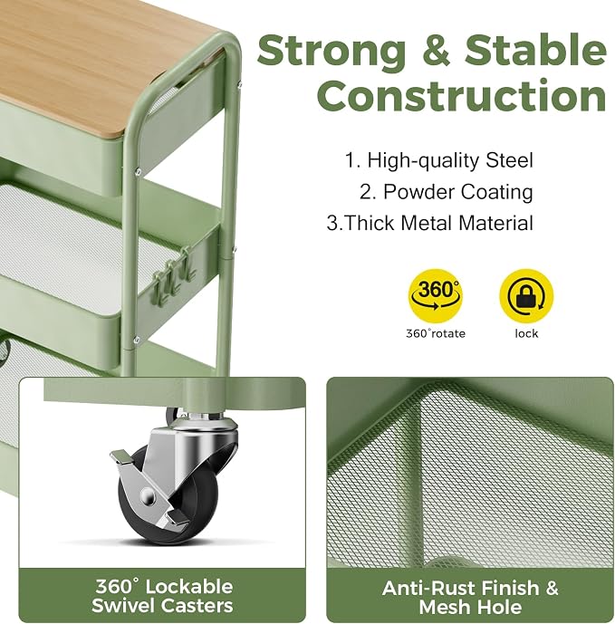 3 Tier Rolling Cart with Table top, Metal Rolling Utility Cart, Sturdy Storage Organizer Cart with Locking Wheels & Hooks for Office, Classroom, Kitchen and Bathroom