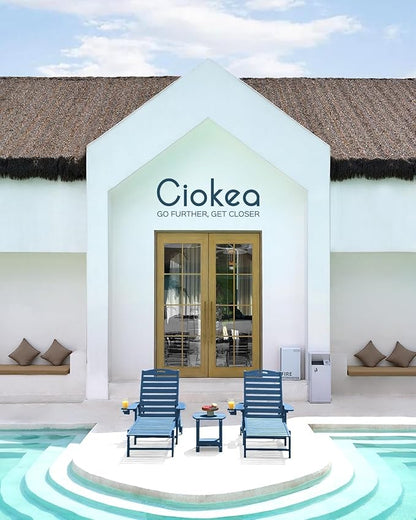 Ciokea Outdoor Chaise Lounge Chair Set of 2, Patio Lounge Chairs for Outside, HDPE Lounge Chair with Wheels & Cup Holder, Poly Chair with 5 Position for Poolside, Deck, Navy Blue