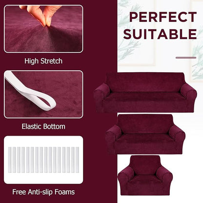 Peryiter 3 Pcs Couch and Loveseat Sofa Covers,Burgundy,Velvet | Armchair Covers for Living Room, Sofa Cushion Slipcover, Furniture Protector, Polyester and Spandex, Washable