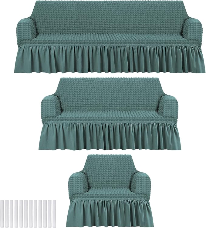 Fanfanwin 3 Pcs Sofa Slipcover Set for Couch Cushion Durable Washable High Elastic Stretchable Furniture Couch Covers with Skirt for Sofa Loveseat Arm Chair (Sage,Seersucker)