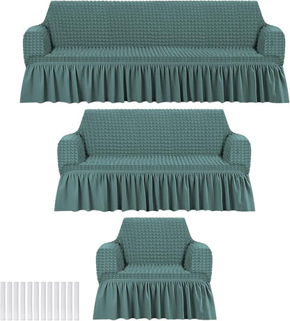 Fanfanwin 3 Pcs Sofa Slipcover Set for Couch Cushion Durable Washable High Elastic Stretchable Furniture Couch Covers with Skirt for Sofa Loveseat Arm Chair (Sage,Seersucker)