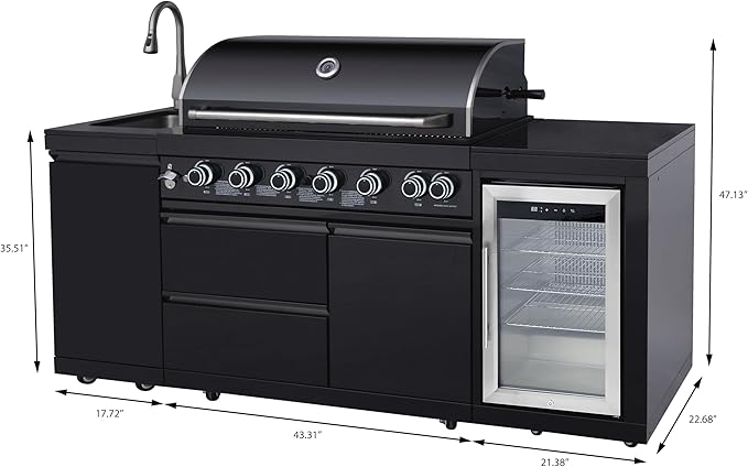 BBQ Outdoor Kitchen Island Grill Barbecue Modular Patio Kitchens Kits with Electric Rotisserie, Sink, fridge, and Burner for More than 10 People