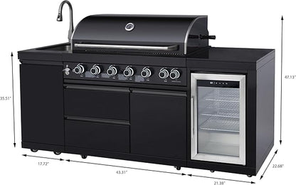 BBQ Outdoor Kitchen Island Grill Barbecue Modular Patio Kitchens Kits with Electric Rotisserie, Sink, fridge, and Burner for More than 10 People
