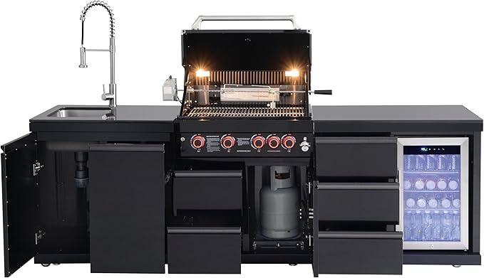 BBQ Outdoor Kitchen Island Grill Barbecue Modular Patio Kitchens Kits with Electric Rotisserie, Sink, fridge, and Burner for More than 10 People