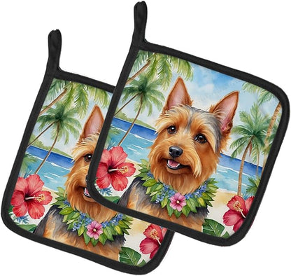 Caroline's Treasures Australian Terrier Luau Pair of Pot Holders Kitchen Heat Resistant Pot Holders Sets Oven Hot Pads for Cooking Baking BBQ, 7 1/2 x 7 1/2