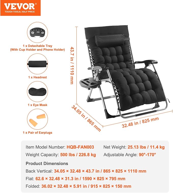 VEVOR Zero Gravity Chair, 33 inch Zero Gravity Recliner Lounge Chair for Indoor and Outdoor, Adjustable Anti Gravity Chair with Cushion, Headrest, Footrest, and Cupholder, 500 lbs, Black