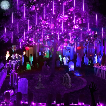 JMEXSUSS 2 Pack Purple Solar Halloween Lights, 16 Tube 288 LED Solar Meteor Shower Rain Lights, Christmas Light Outdoor Waterproof for Tree Halloween Christmas Decorations