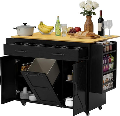 YESHOMY Kitchen Island on Wheels with Trash Cabinet, 56" Mobile Cart with Drop Leaf and Drawers, Rolling Portable Table with Spice Rack & Towel Holder for Dining Room, Black & Oak