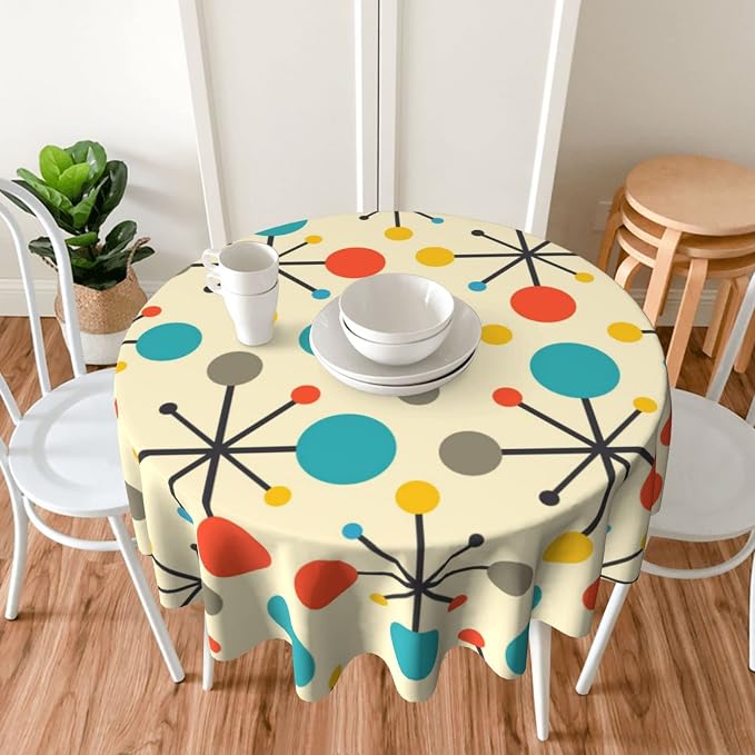 Mid Century Fifties Modern Atomic Retro Colors Tablecloth Washable Waterproof Round 60" Yellow Table Cloth for Parties Picnic Bbqs Kitchen Dining Room Decor Outdoor Indoor Table Covers