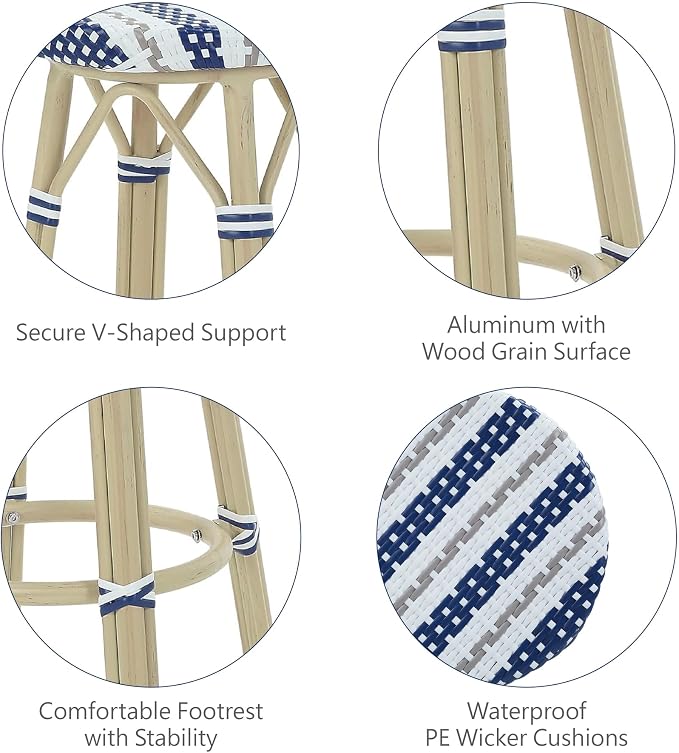 Seadrift Boho 26-inch Aluminum and All-Weather Wicker Barstools with Footrest, Patio Stools & Bar Chairs for Outdoor, Kitchen Counter, Poolside, Yard, Set of 2, Navy Blue and White