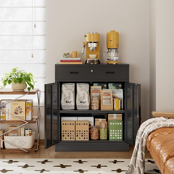 CJF Pantry Cabinet with 1 Drawer, Metal Pantry Storage Cabinets with Doors and 2 Adjustable Shelves, 36" H Locking Cabinet for Kitchen Storage, Home, Garage, Utility Room and Basement, Black