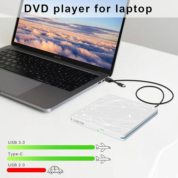 External CD/DVD Drive for Laptop, USB CD Drive, USB C Plug and Play Optical Drive, Portable CD Burner, Compatible Windows 11/10/8/7 XP Linux MacOS, w/Storage Bag & 4 disc Bags