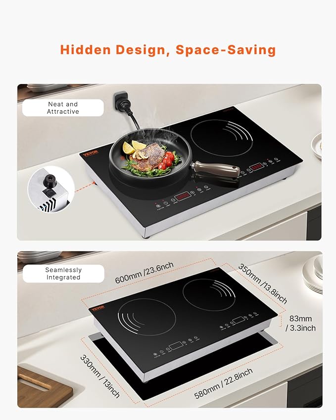 VEVOR Induction Cooktop, 1800W Electric Countertop Burner with 9 Power Settings, 2 Burner Touch Control Stove, Built-in Induction Cooktop, Include 99-Min Timer, Child Safety Lock, Glass Surface