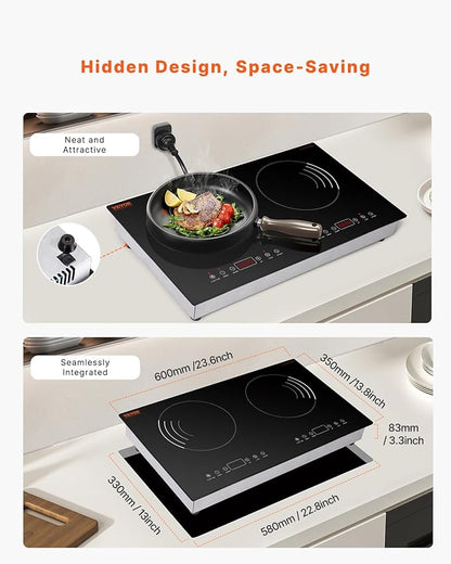 VEVOR Induction Cooktop, 1800W Electric Countertop Burner with 9 Power Settings, 2 Burner Touch Control Stove, Built-in Induction Cooktop, Include 99-Min Timer, Child Safety Lock, Glass Surface