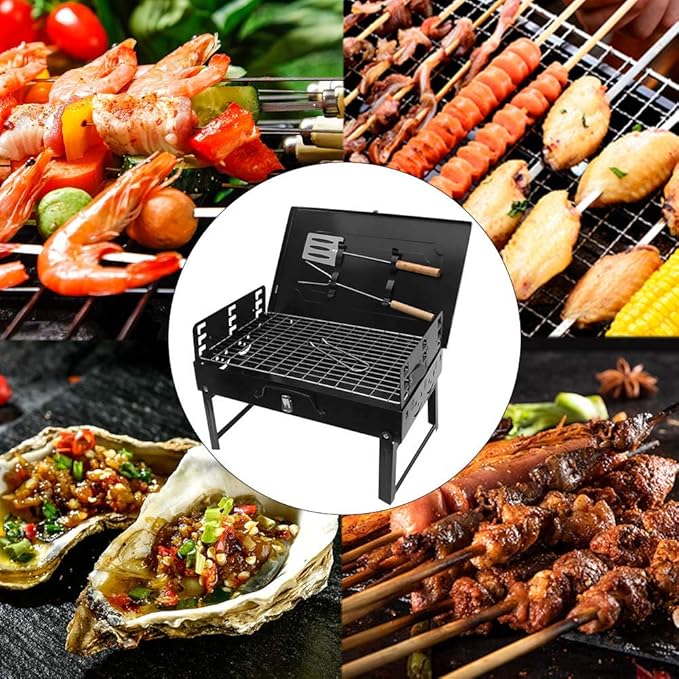Foldable Portable Charcoal BBQ Grill, Outdoor Barbecue Grill for Camping Picnic Garden Kitchen, Compact Camping BBQ Grills with Tools & Stand,A-1