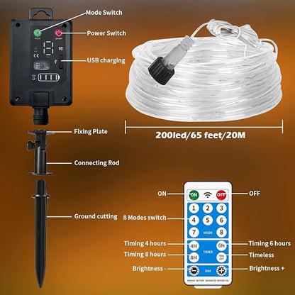 LairtPOW Solar Rope Lights with Remote,72FT 200LEDs Outdoor Solar Strip Lights,IP67 Waterproof USB Charging Solar String Lights, Timing & 8 Modes Outdoor Fairy Light for Garden Patio Tree (Warm White)