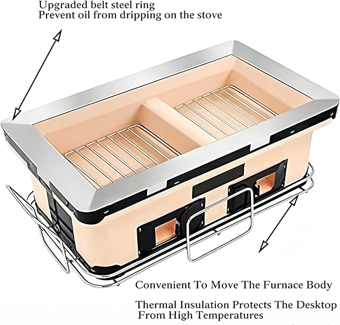 Traditional Rectangular Outdoor Bbq Grill, Tabletop Charcoal Grill With Wire Mesh Grates, Japanese Clay Grill For Family Gatherings, Camping And Backyard Barbecues