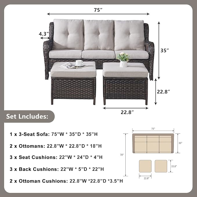 Rilyson Wicker Outdoor Patio Sofa with Ottoman, Large 3 Seater Wicker Patio Couch with 4in Replaceable Seat Cushions and Deep Seating, All Weather for Backyard, Garden, Poolside (Brown/Beige)