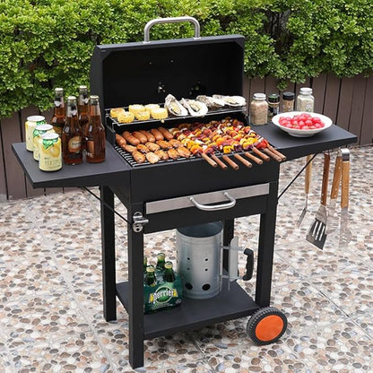 24 Inch Portable Charcoal Grill with 2 Side Table– Large Stainless Steel BBQ Grill with Adjustable Heat Control & Ash Catcher, 239 sq.in. Cooking Area for Backyard Camping Picnic Tailgate Party