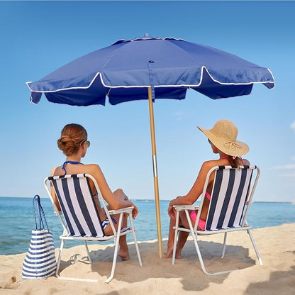 AMMSUN 7.5ft Heavy Duty HIGH Wind Beach Umbrella Commercial Grade Patio Beach Umbrella with Air Vent Ash Wood Pole & Carry Bag UV 50+ Protection Navy Blue