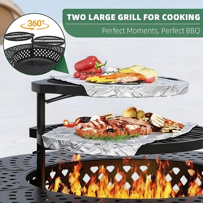 43 Inch Fire Pit with 2 Grill, Outdoor Wood Burning Firepit with Lid, Metal Round Table for Backyard Patio Garden Picnic Camping Bonfire