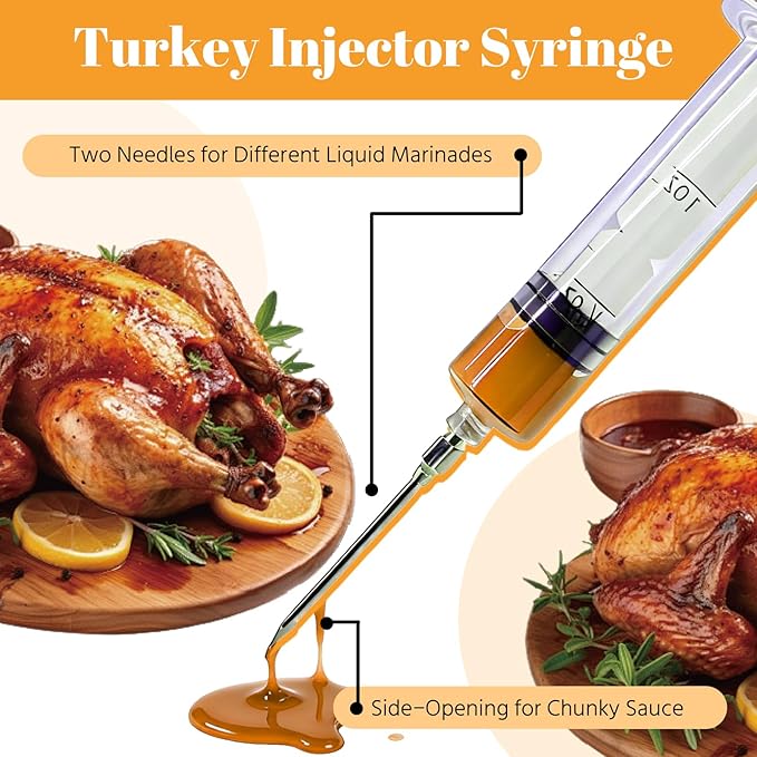 Pop Up Timer (6 pcs) & Meat Injector Syringe (2-OZ) Plastic Turkey Injector with 2 Marinade Needles for Injecting Marinade into Turkey, Meat, Brisket