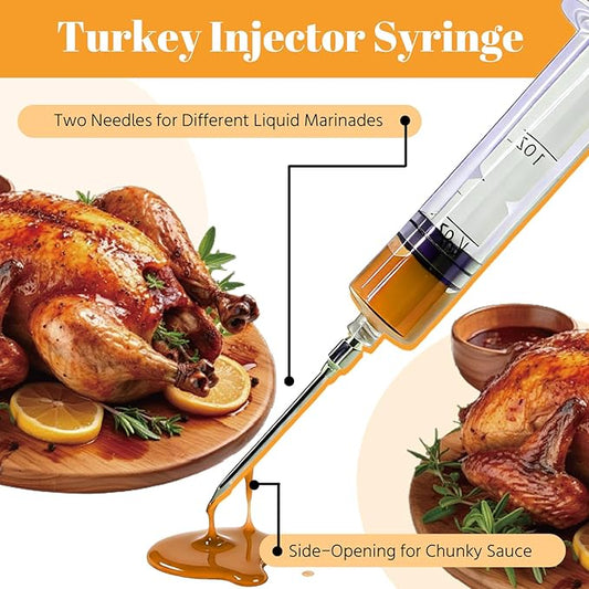 Pop Up Timer (6 pcs) & Meat Injector Syringe (2-OZ) Plastic Turkey Injector with 2 Marinade Needles for Injecting Marinade into Turkey, Meat, Brisket