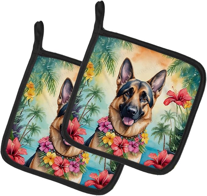 Caroline's Treasures German Shepherd Luau Pair of Pot Holders Kitchen Heat Resistant Pot Holders Sets Oven Hot Pads for Cooking Baking BBQ, 7 1/2 x 7 1/2