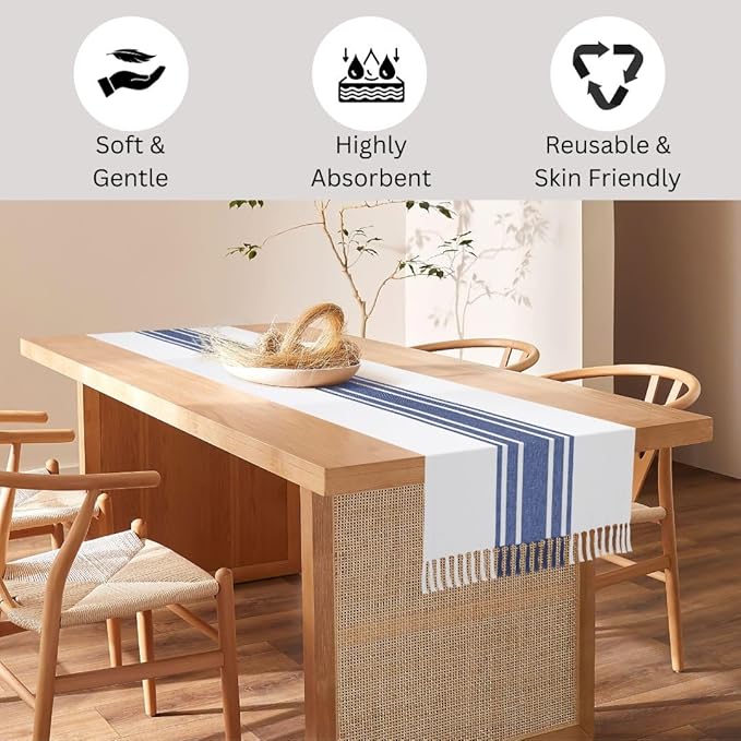 Table Runner 100% Cotton 14x72 Inch - Soft Durable Washable, for Parties Holidays Weddings Kitchen and Everyday Use - 72 Inches Long Farmhouse Rustic Table Runner Blue