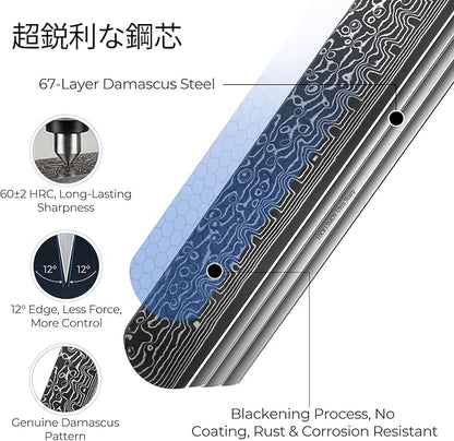 FINTISO Brisket Knife 11.6 Inch, 67-Layer Damascus Steel Carving Knife for Meat, Razor Sharp Japanese Slicing Knives for BBQ Roasts, Turkey, Ergonomic Full Tang G10 Handle - Zeus Series